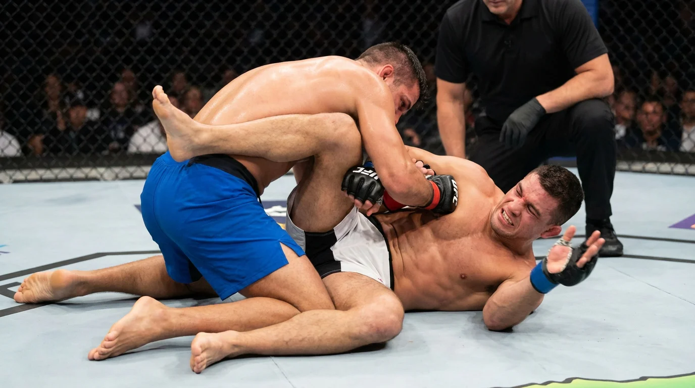 Dos luchadores de MMA en el suelo durante un intento de sumisión en el octágono