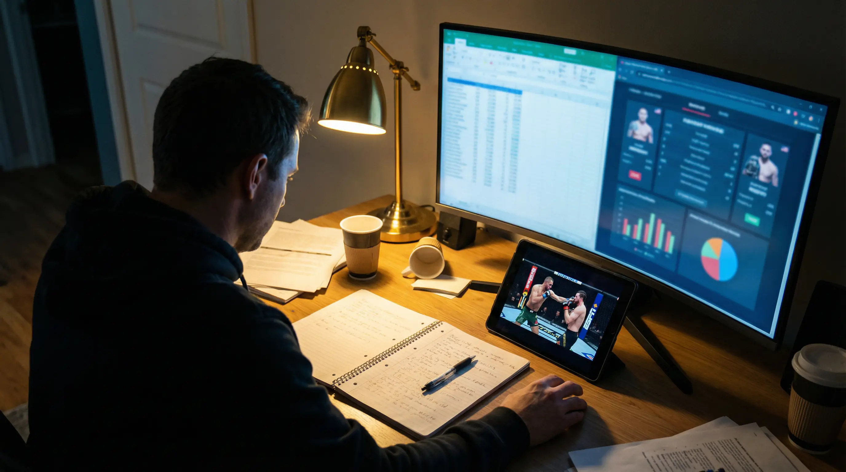 Analista revisando estadísticas de luchadores de MMA en una pantalla