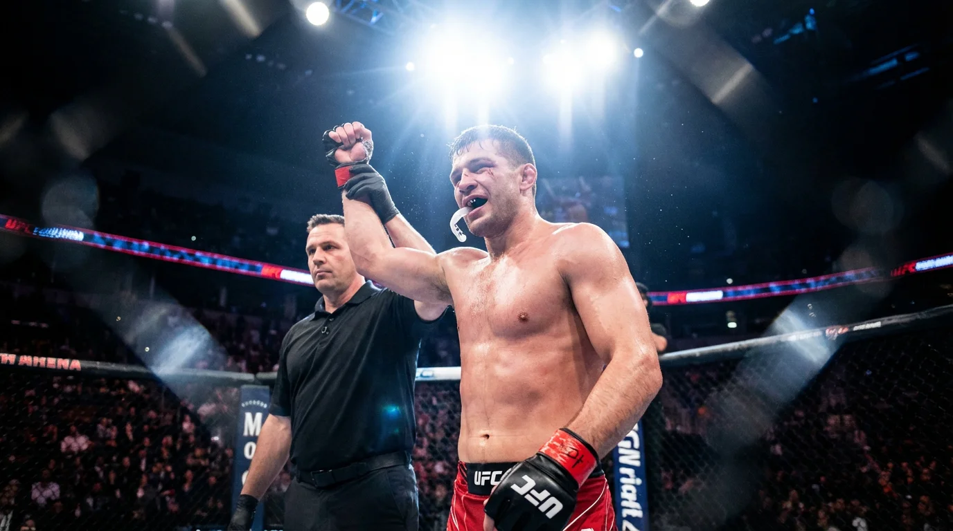 Peleador de MMA levantando el brazo en señal de victoria dentro del octágono