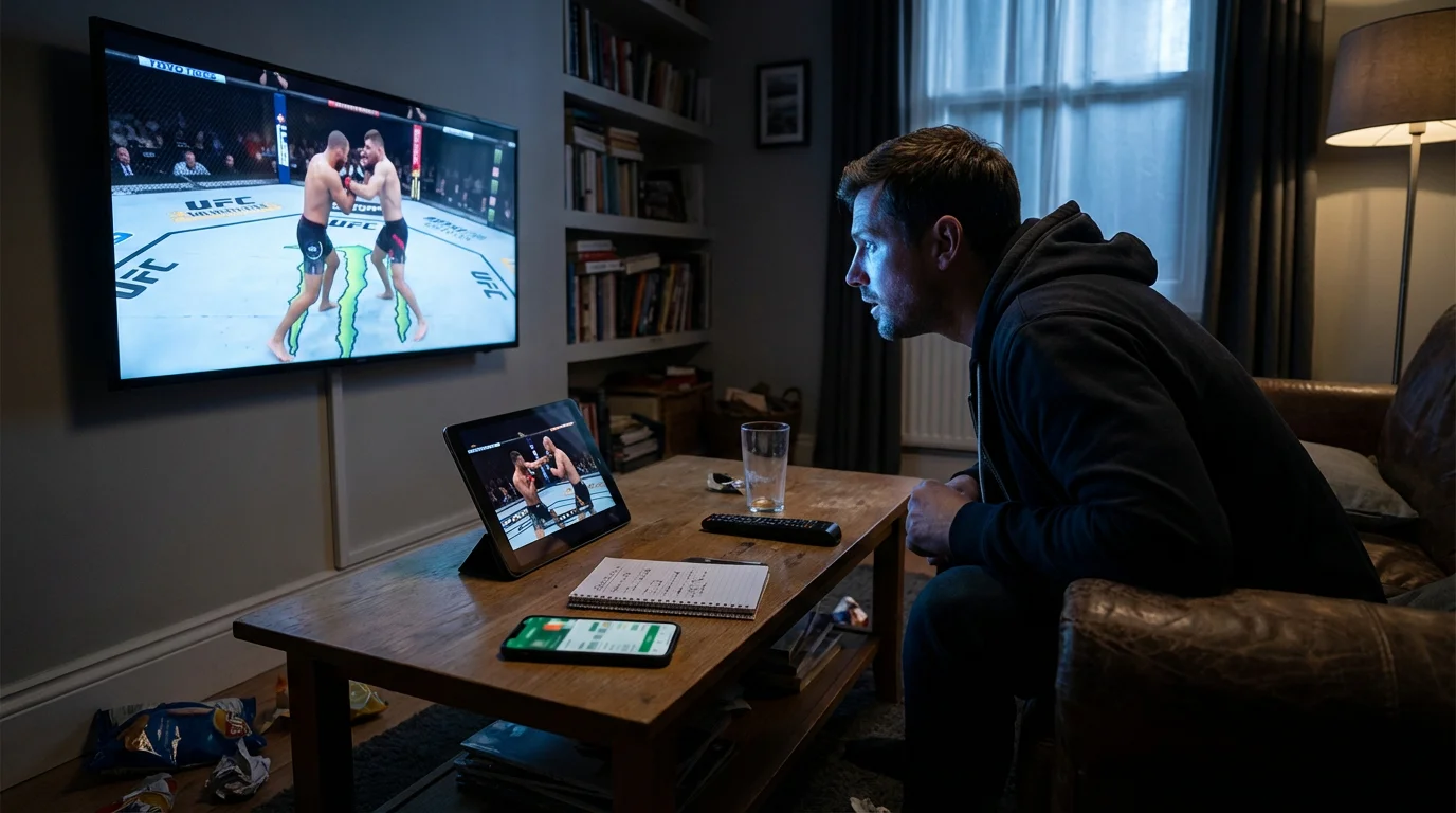 Aficionado concentrado viendo múltiples combates de MMA en pantallas