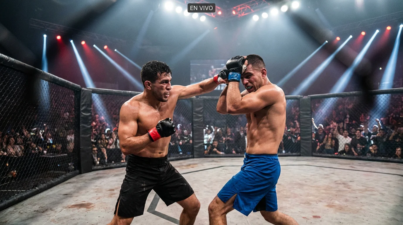 Combate de MMA en directo dentro del octágono iluminado con focos en una velada de UFC