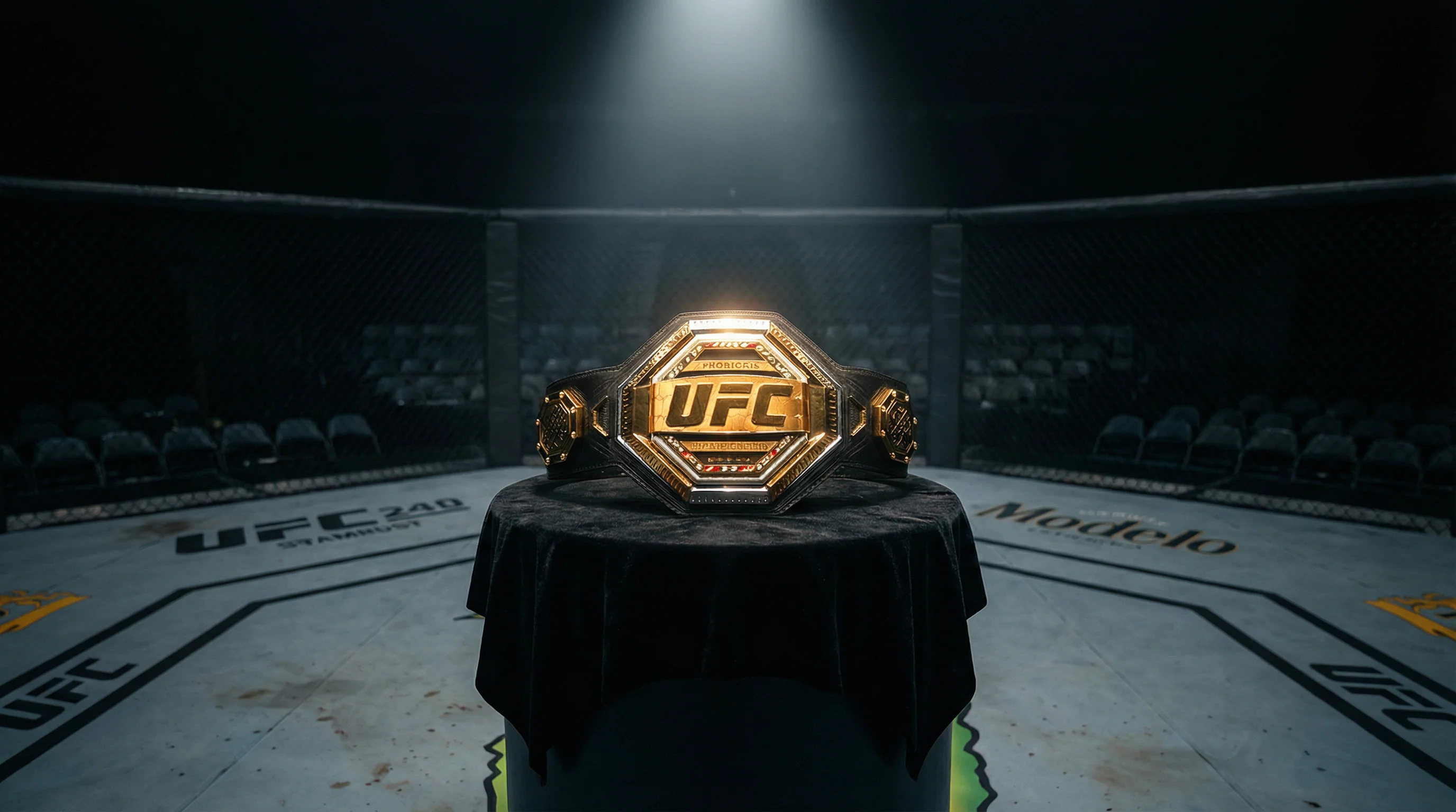 Cinturón de campeón de UFC iluminado en el centro del octágono antes de una pelea por el título