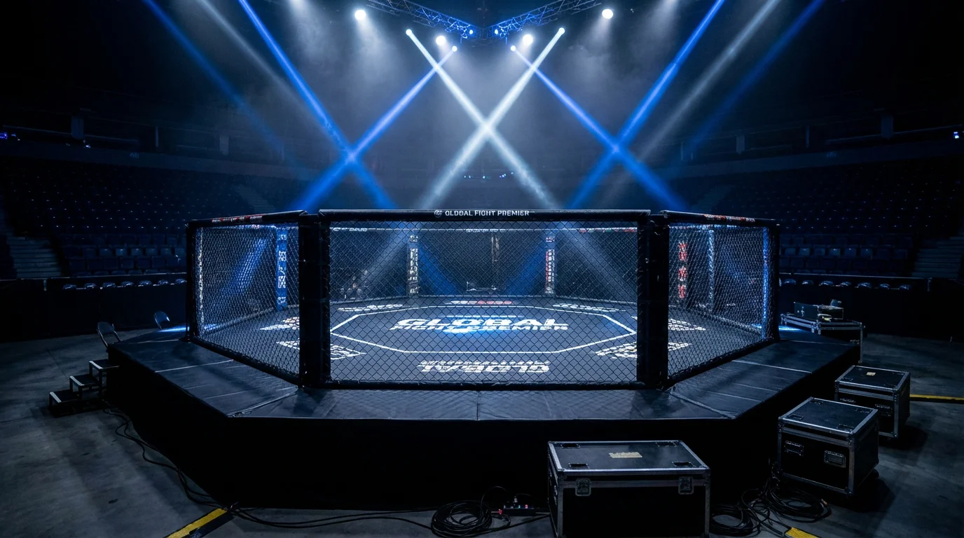 Jaula de MMA vacía iluminada antes de un evento de artes marciales mixtas