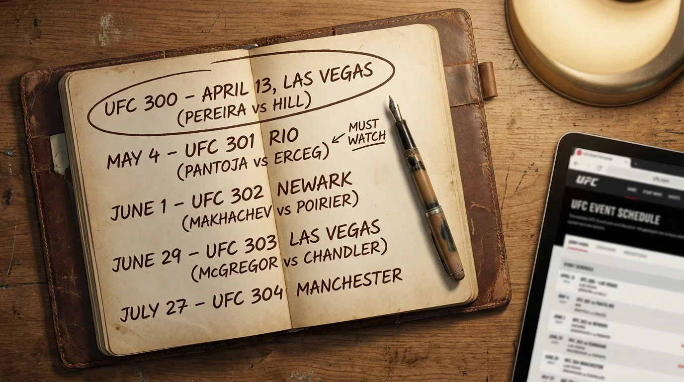 Planificación de eventos UFC sobre un cuaderno de notas abierto con bolígrafo