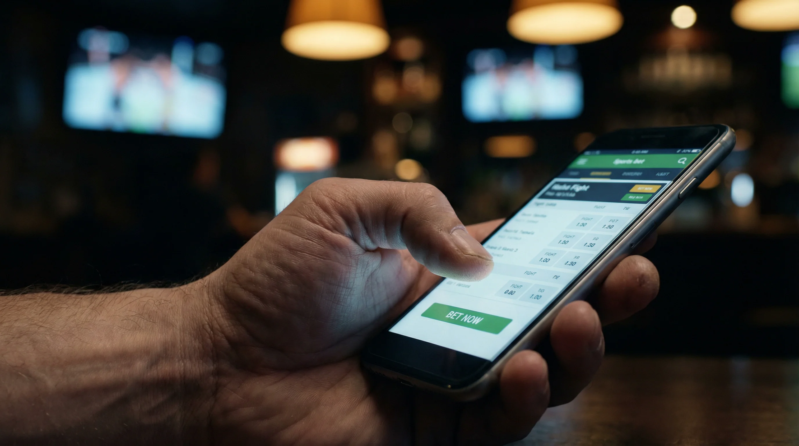 Mano de apostador sobre la pantalla de un móvil durante un combate de MMA
