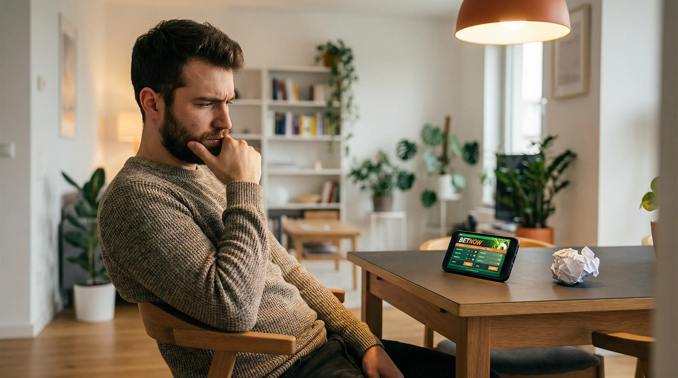 Apostador reflexionando con expresión seria frente a una cartelera de combates de UFC