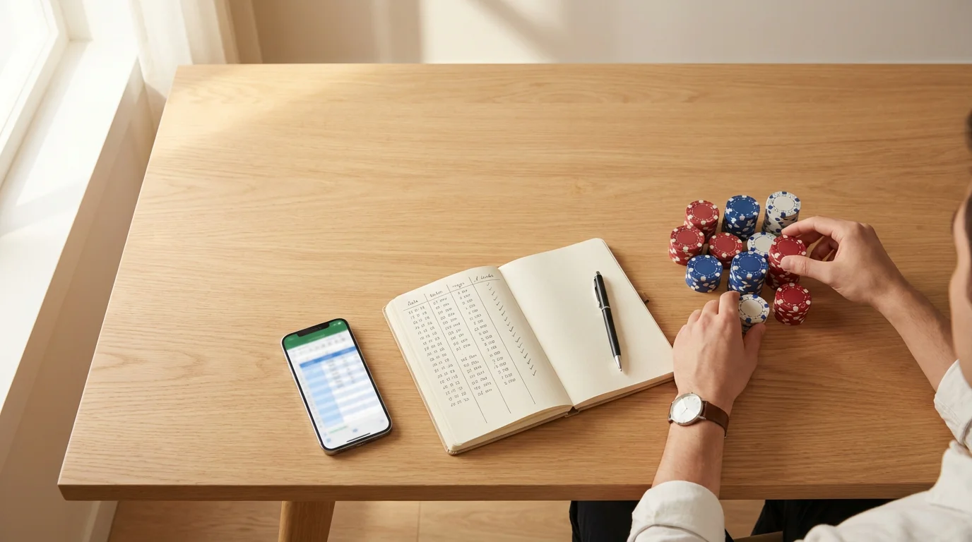 Persona organizando su presupuesto de apuestas con un cuaderno y notas
