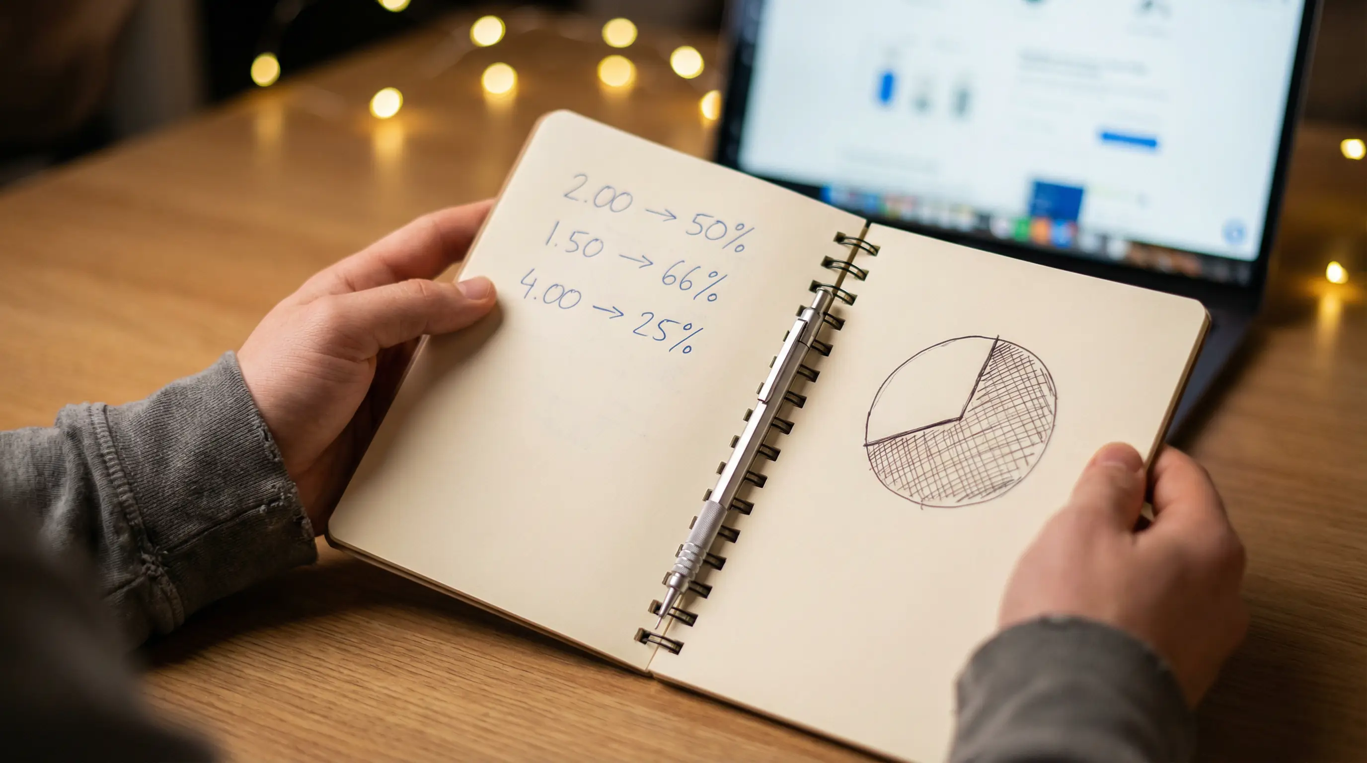 Persona analizando cuotas decimales de MMA en una libreta con gráfico de probabilidades