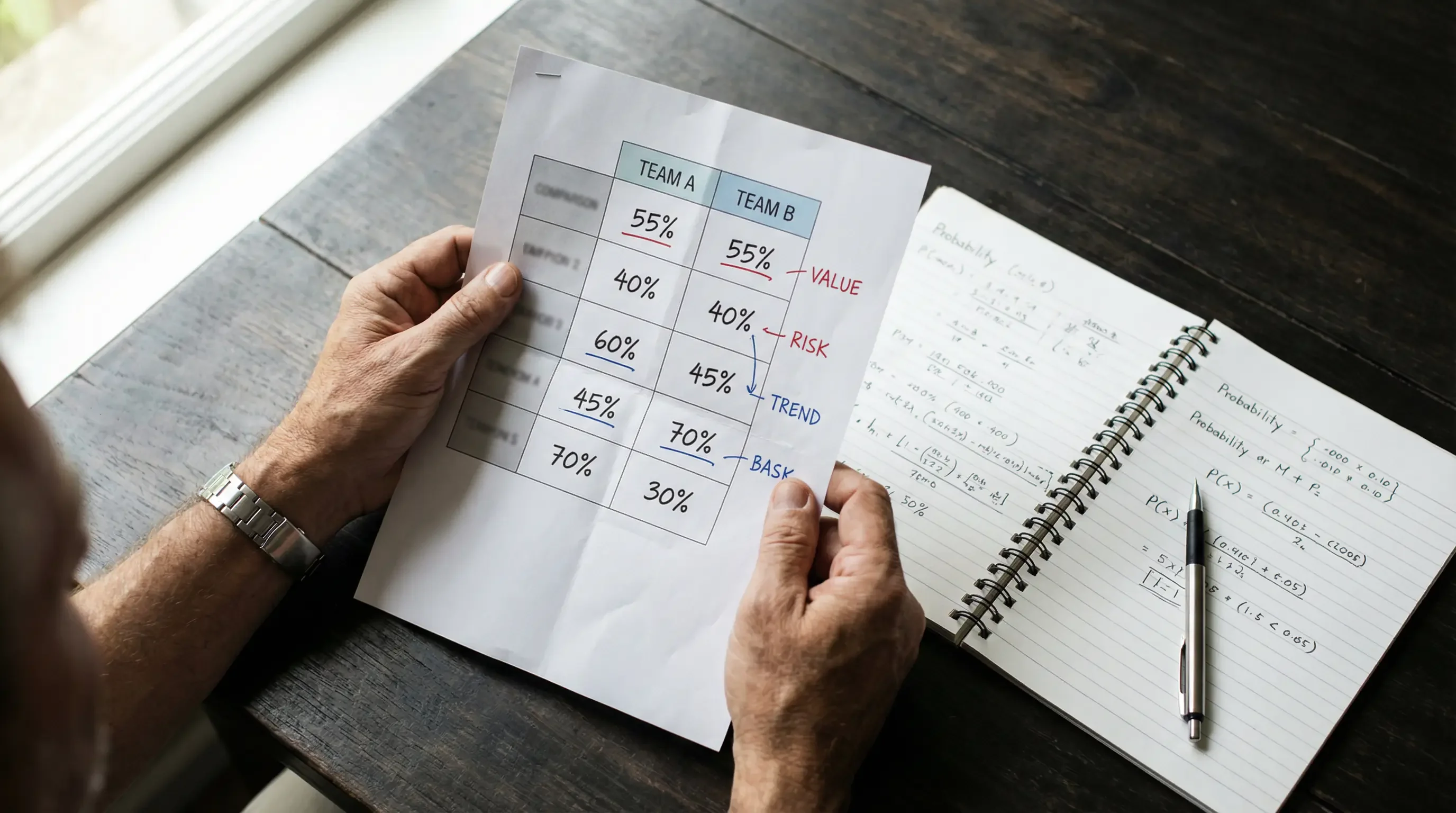 Analista deportivo revisando probabilidades de un combate de MMA en documentos