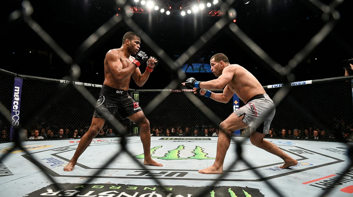 Dos luchadores de MMA enfrentándose en el octágono, uno en posición de golpeo y otro preparando un derribo