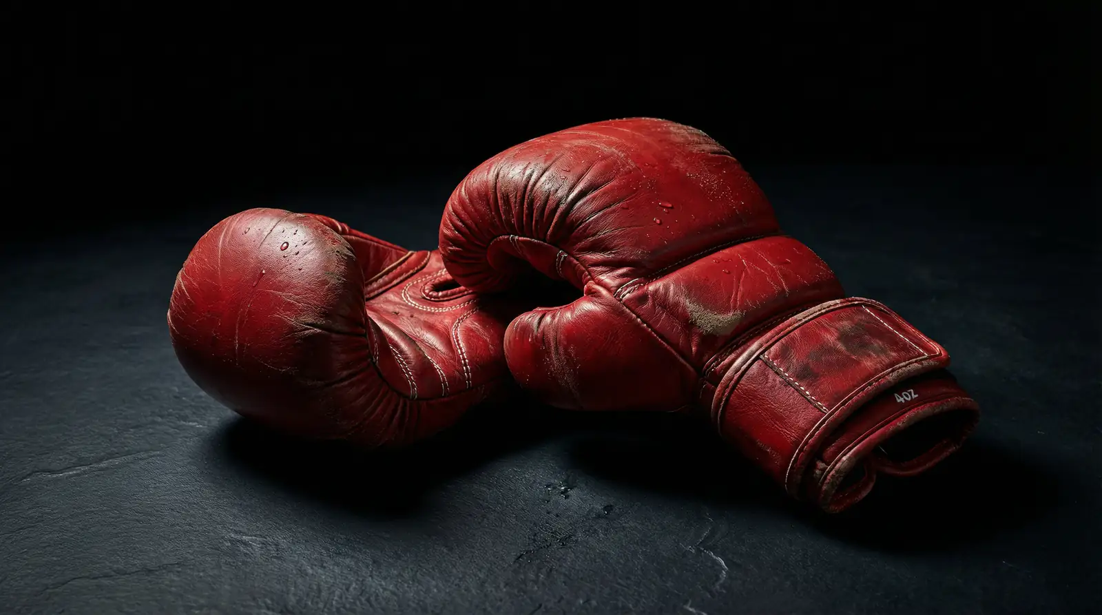 Guantes de MMA de cuatro onzas sobre una superficie oscura con luz dramática