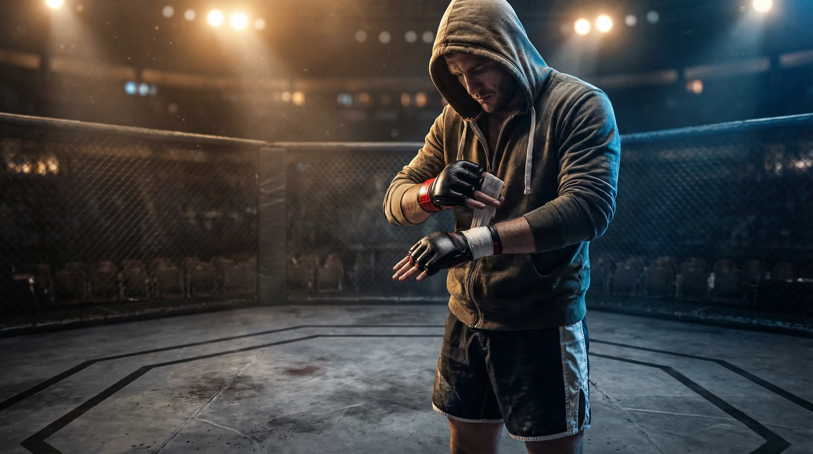 Tipos de apuestas en MMA — peleador preparándose en el octágono antes del combate