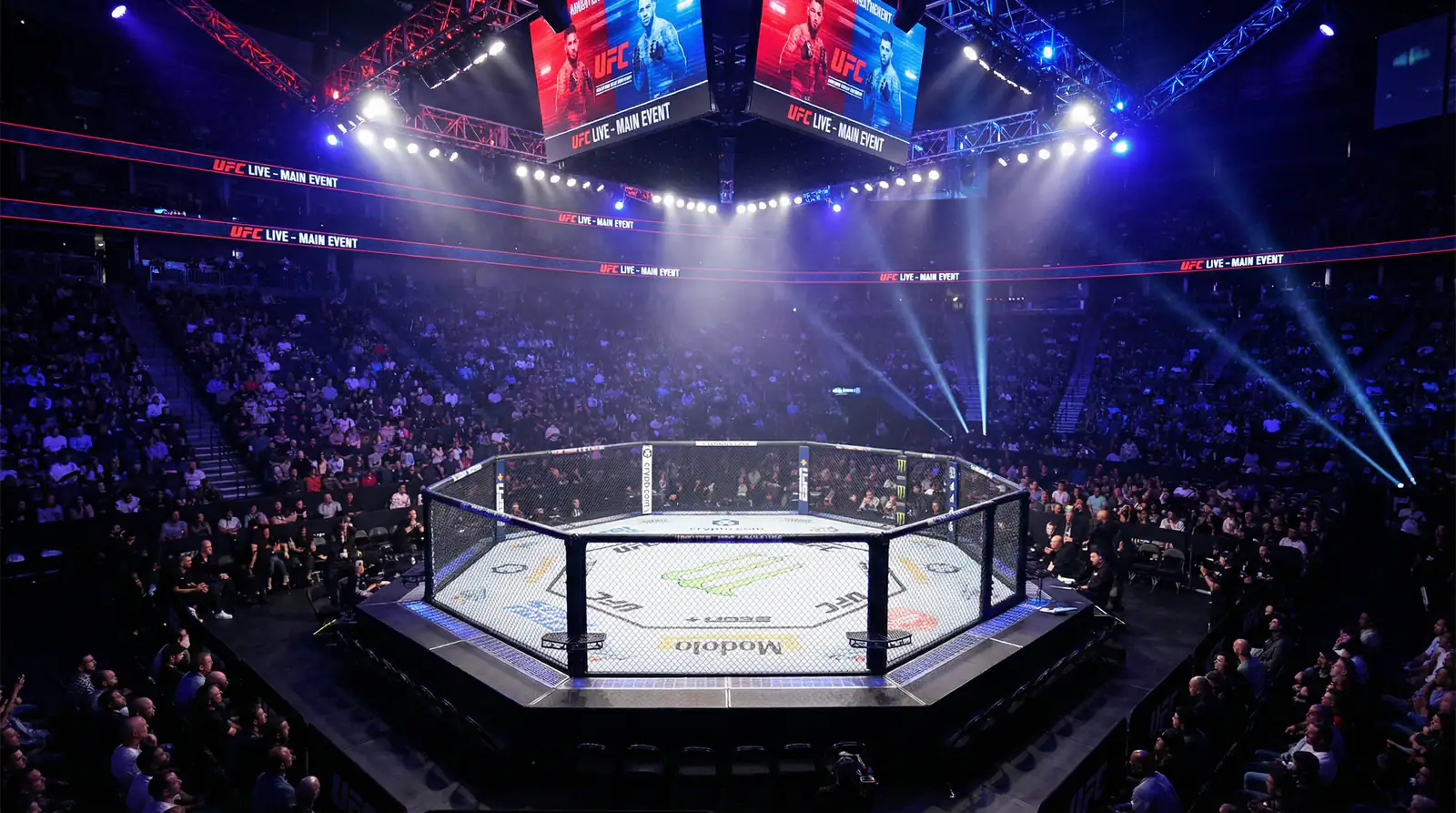 Octágono de UFC iluminado durante un evento en arena llena de espectadores