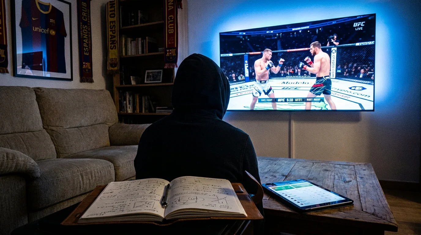 Aficionado viendo un combate de UFC en televisión tomando notas de análisis